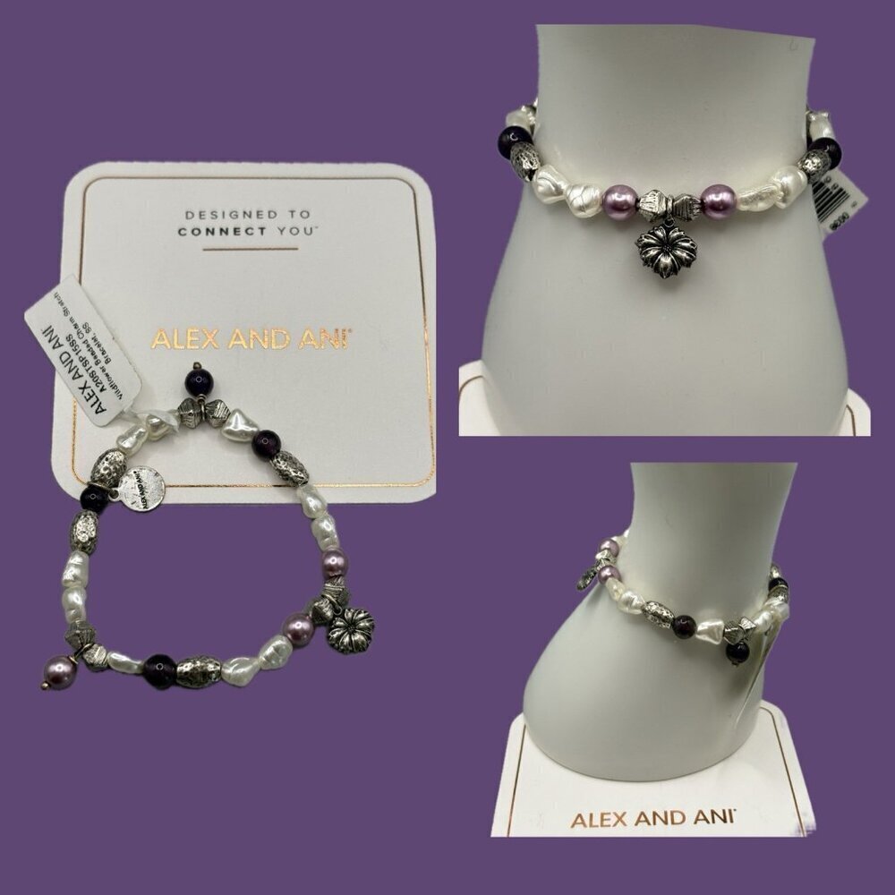 Alex And Ani Purple-Silver Beads-Faux Pearls Wildflower Charm Stretch Bracelet